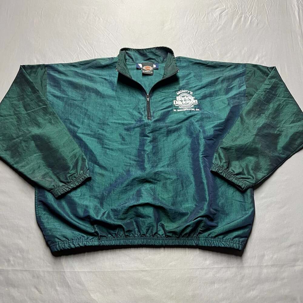 Harley Davidson Windbreaker Jacket Green Pullover 1/4 Zip 90s Vintage